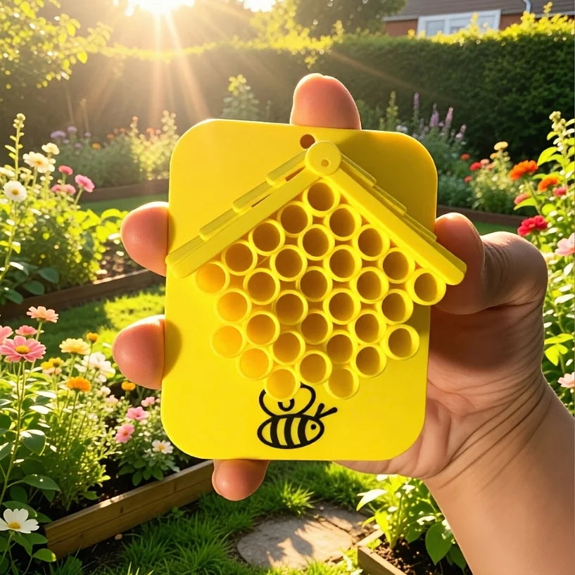 Vue de face de l’hôtel à abeilles Pollinova à suspendre dans le jardin ou sur un balcon