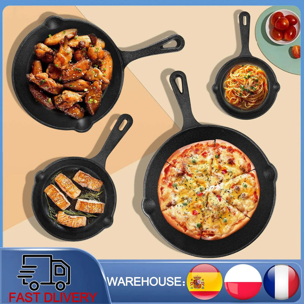 Ensemble de poêles en fonte | Non enduit et à haute rétention de chaleur | Ensemble de 4 pièces | Compatible gril, cuisinière et four