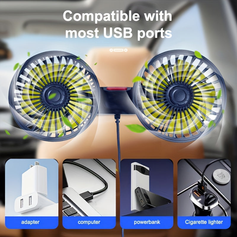 Ventilateur de voiture portable | Têtes doubles rotatives à 360° | Fixation à pince alimentée par USB | Fonctionnement ultra-silencieux