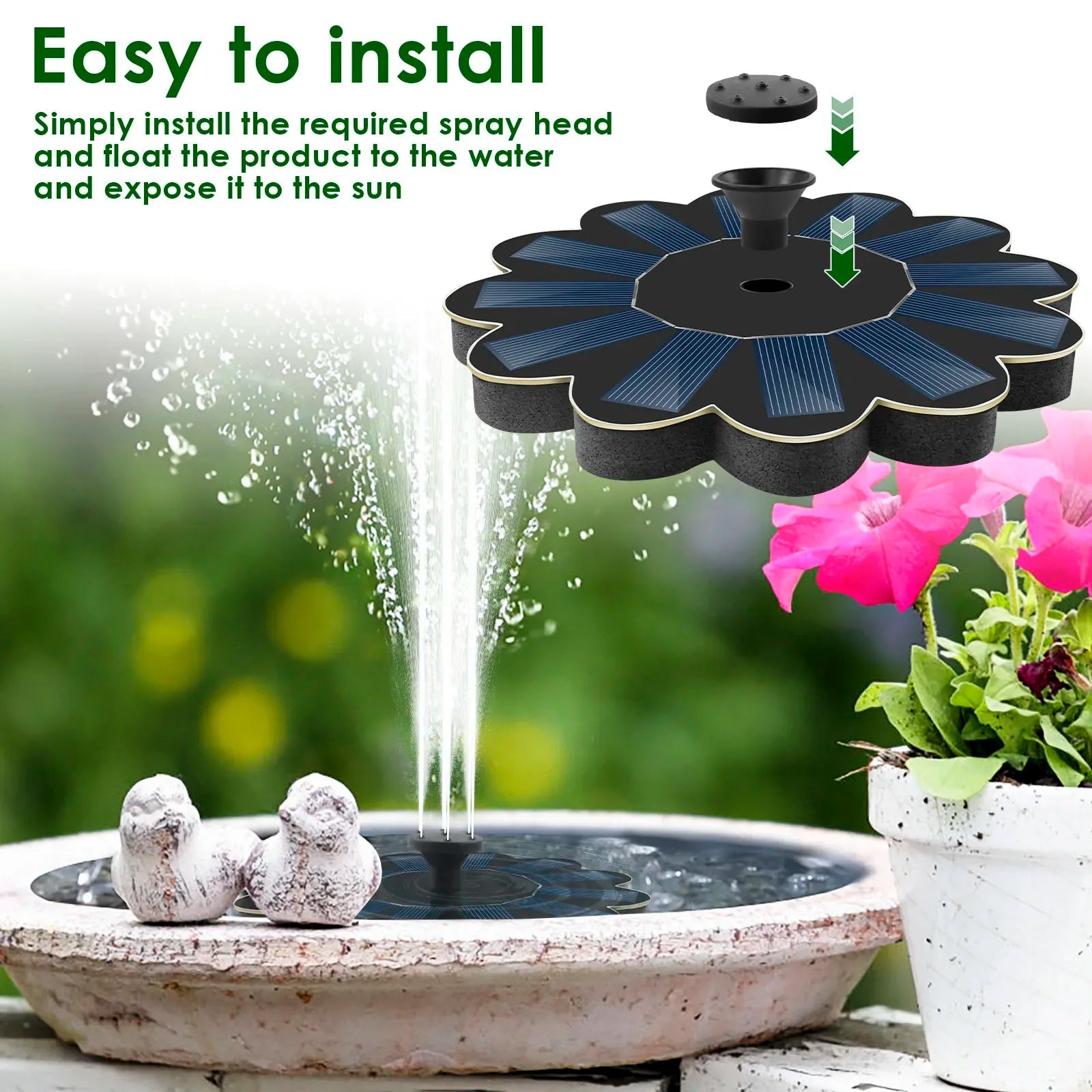 Fontaine solaire | 5 buses | Hauteur de jet variable | Pour bassin et bain d'oiseaux