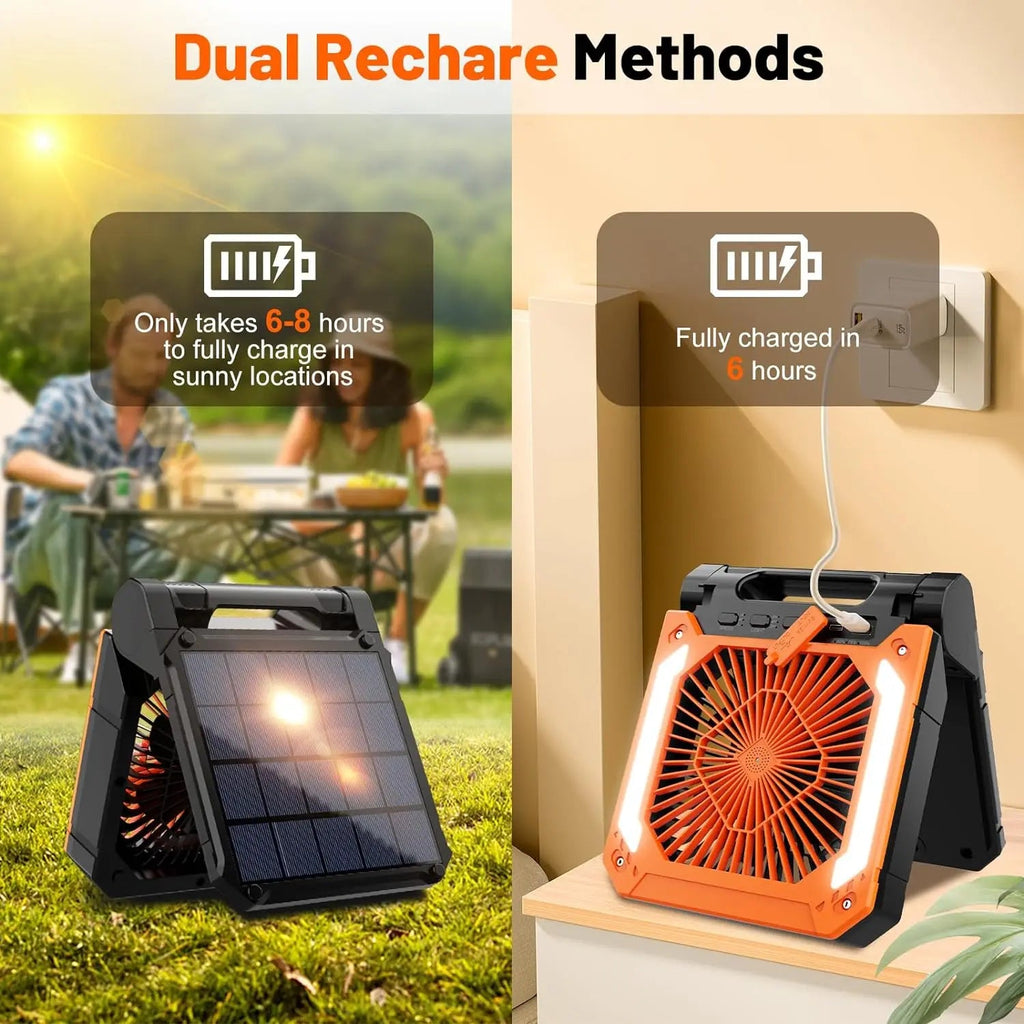 Ventilateur de camping sans fil | Lanterne LED rechargeable solaire et USB | Autonomie jusqu'à 58h