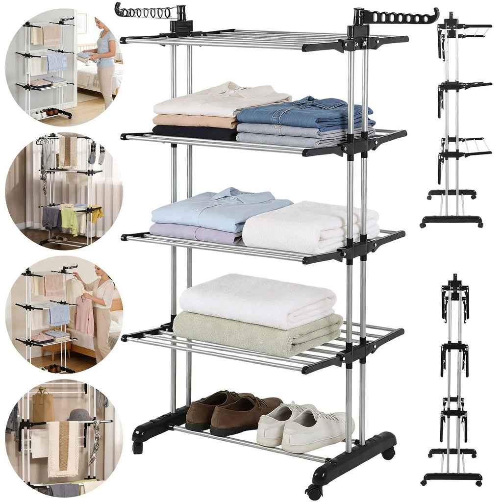 Séchoir à Vêtements | 4 Niveaux Pliables | Acier Thermolaqué, Roues Verrouillables | Usage Intérieur/Extérieur