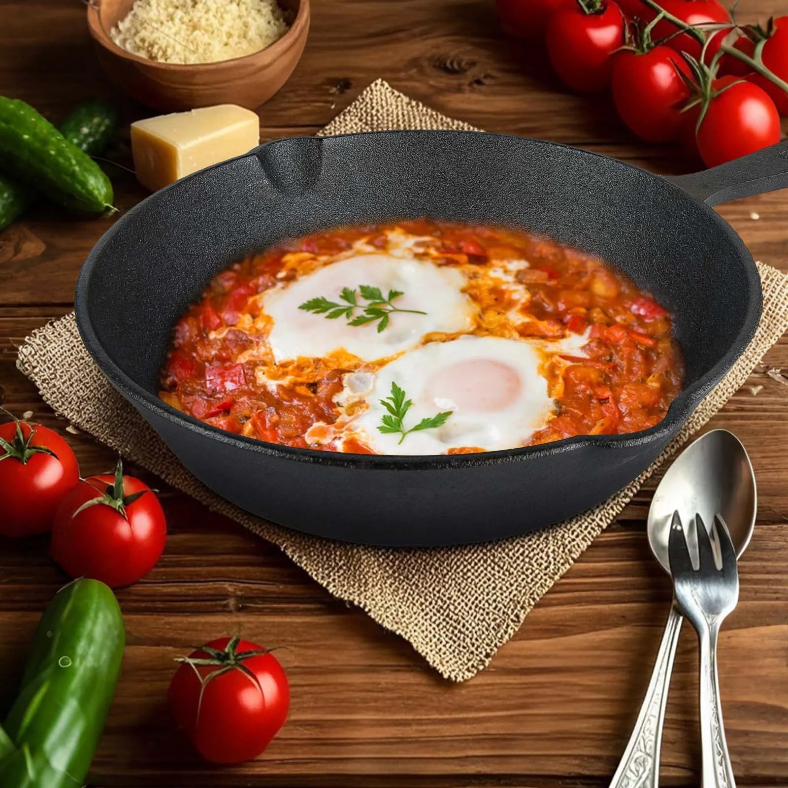 Ensemble de poêles en fonte | Non enduit et à haute rétention de chaleur | Ensemble de 4 pièces | Compatible gril, cuisinière et four