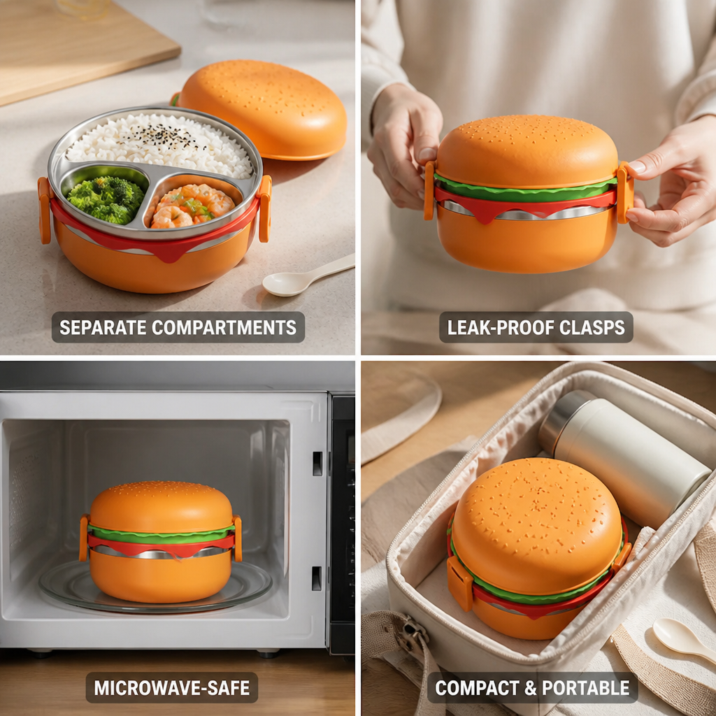 Boîte déjeuner compartimentée en forme de hamburger, adaptée au micro-ondes