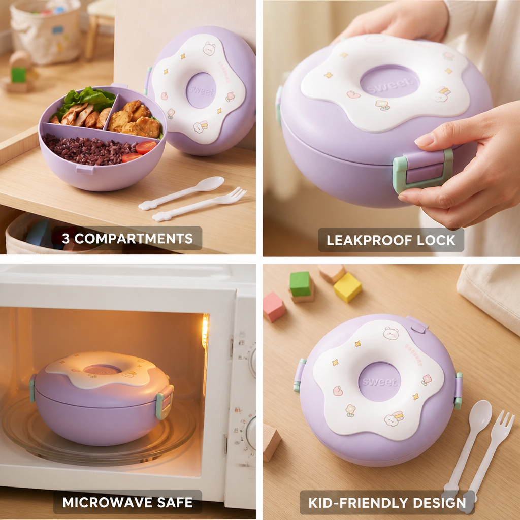Boîte repas compartimentée Lunovia ouverte montrant les 3 sections
