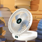 Ventilateur portable Brisalto rechargeable posé sur une table, vue de face
