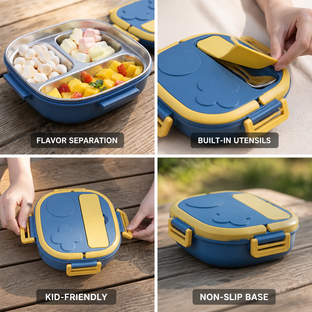 Vue de dessus de la boîte repas compartimentée Novalix ouverte