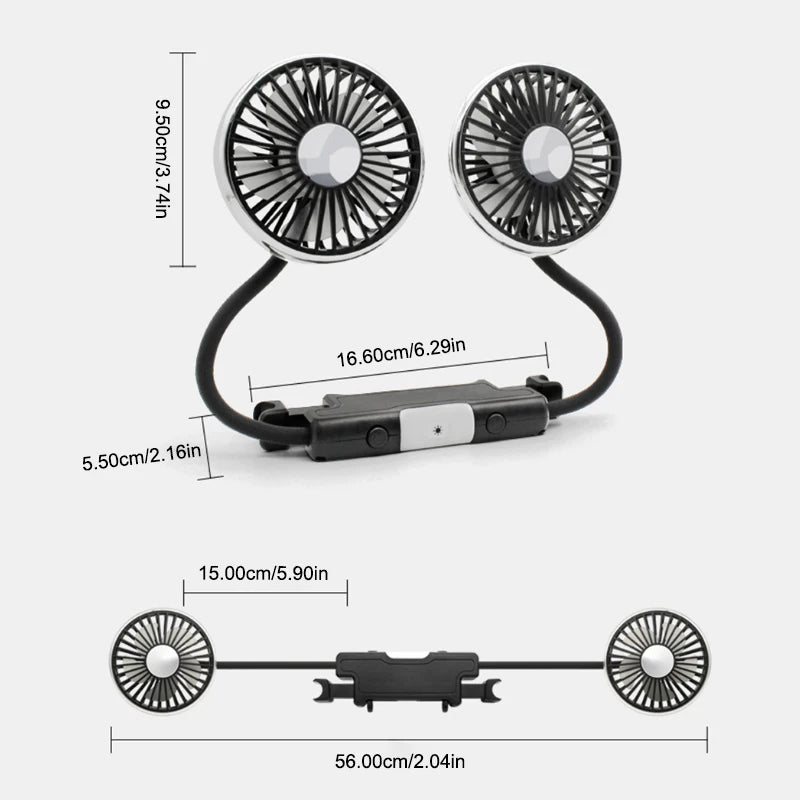 Ventilateur de Coussin de Tête de Voiture | Double Têtes Rotatives, 3 Vitesses | Alimentation USB & Interrupteur Indépendant