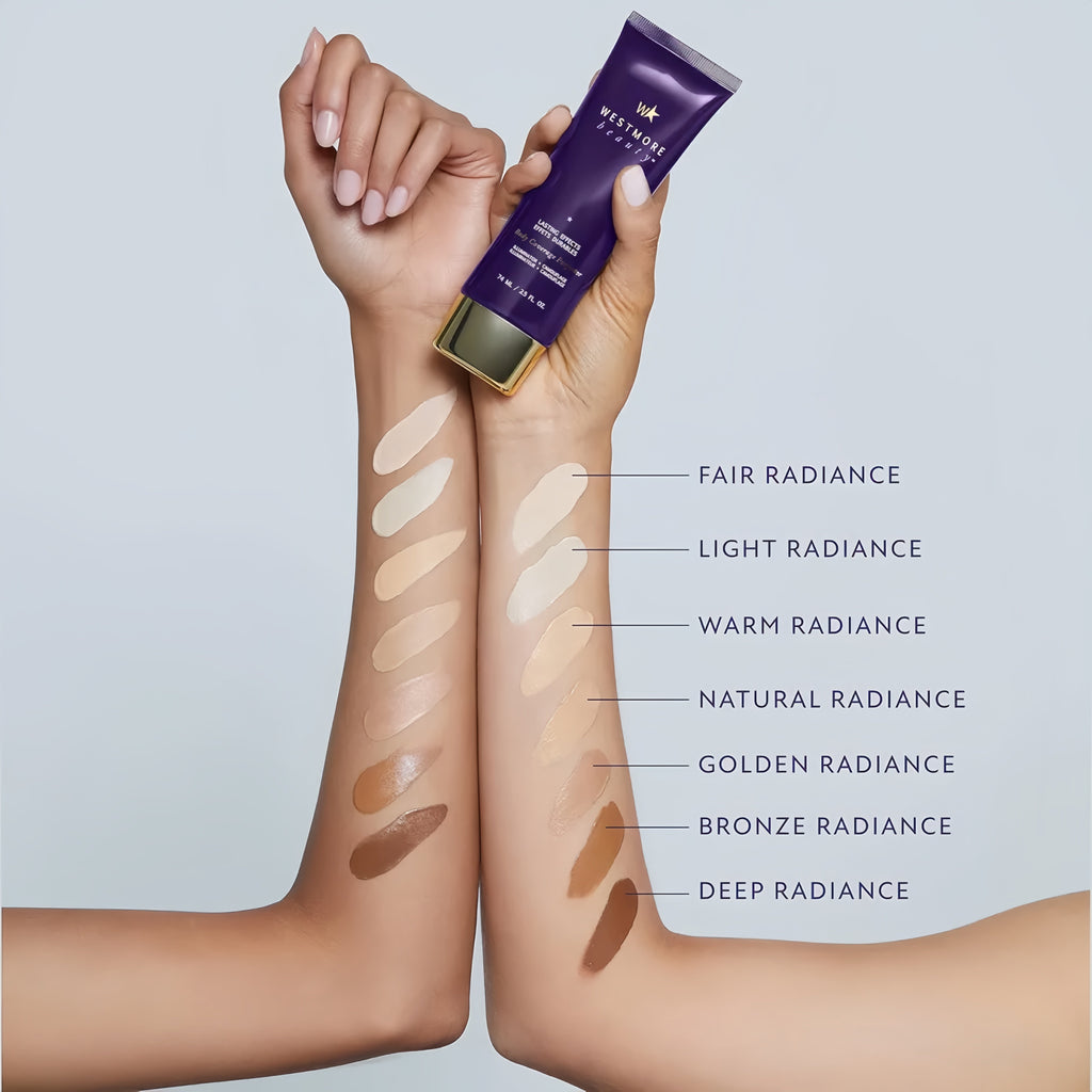 Packshot du maquillage corps Veloura avec présentation du produit sur fond clair