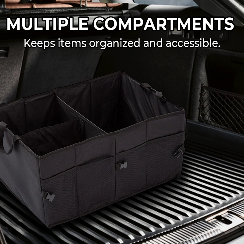 Organisateur de coffre Veloriq pliable montré en position repliée pour un rangement facile