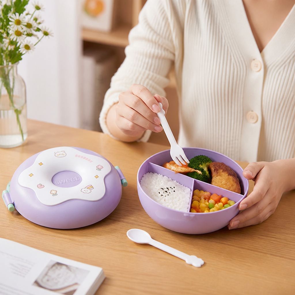 Boîte repas Lunovia fermée au design arrondi, vue en perspective