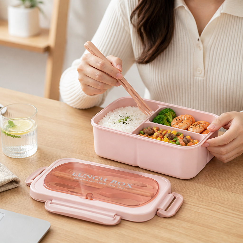 Boîte repas ouverte montrant les trois compartiments distincts