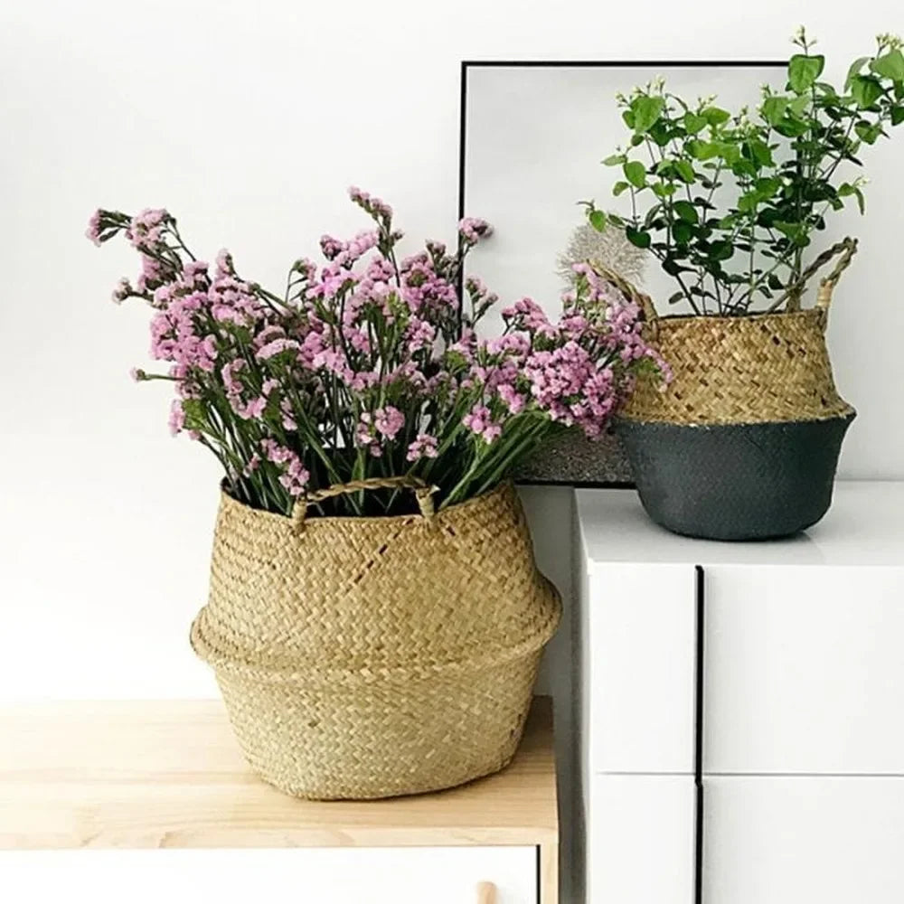 Panier suspendu en osier tressé à la main en herbe marine | Housse de pot de plante et panier de rangement | Gain de place