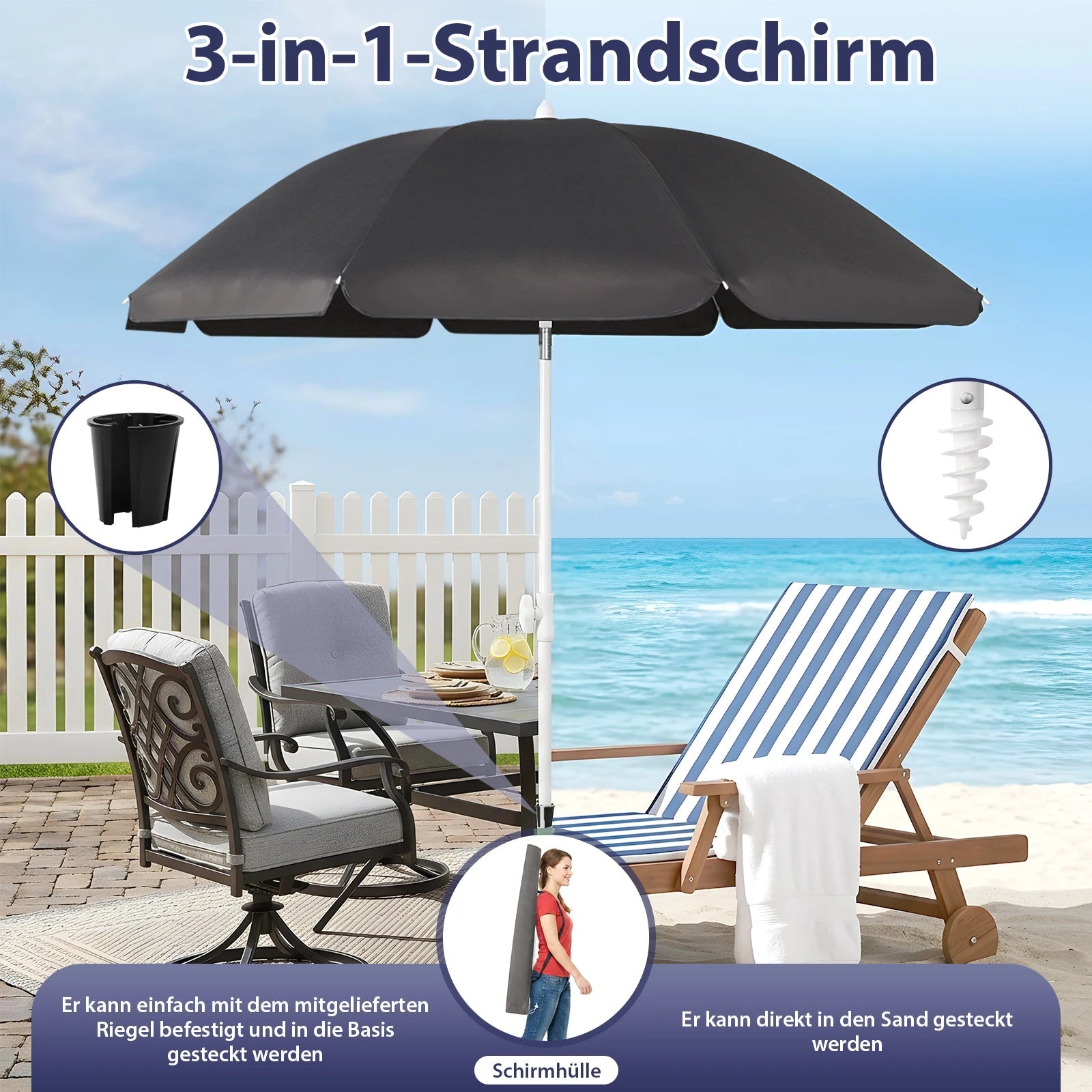 Parasol de Terrasse & Plage | Canopée 160 cm | Polyester Imperméable, Armature en Acier & Protection UV