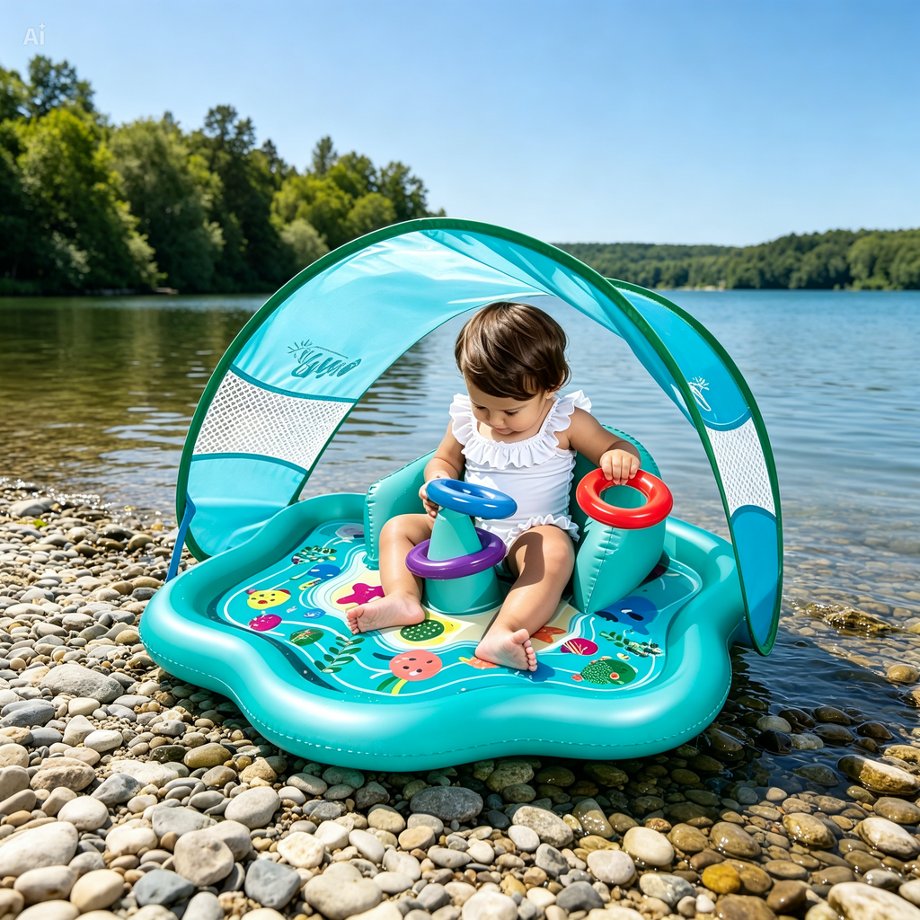 Bébé en temps sur le ventre sur un tapis d’eau sensoriel avec ombre
