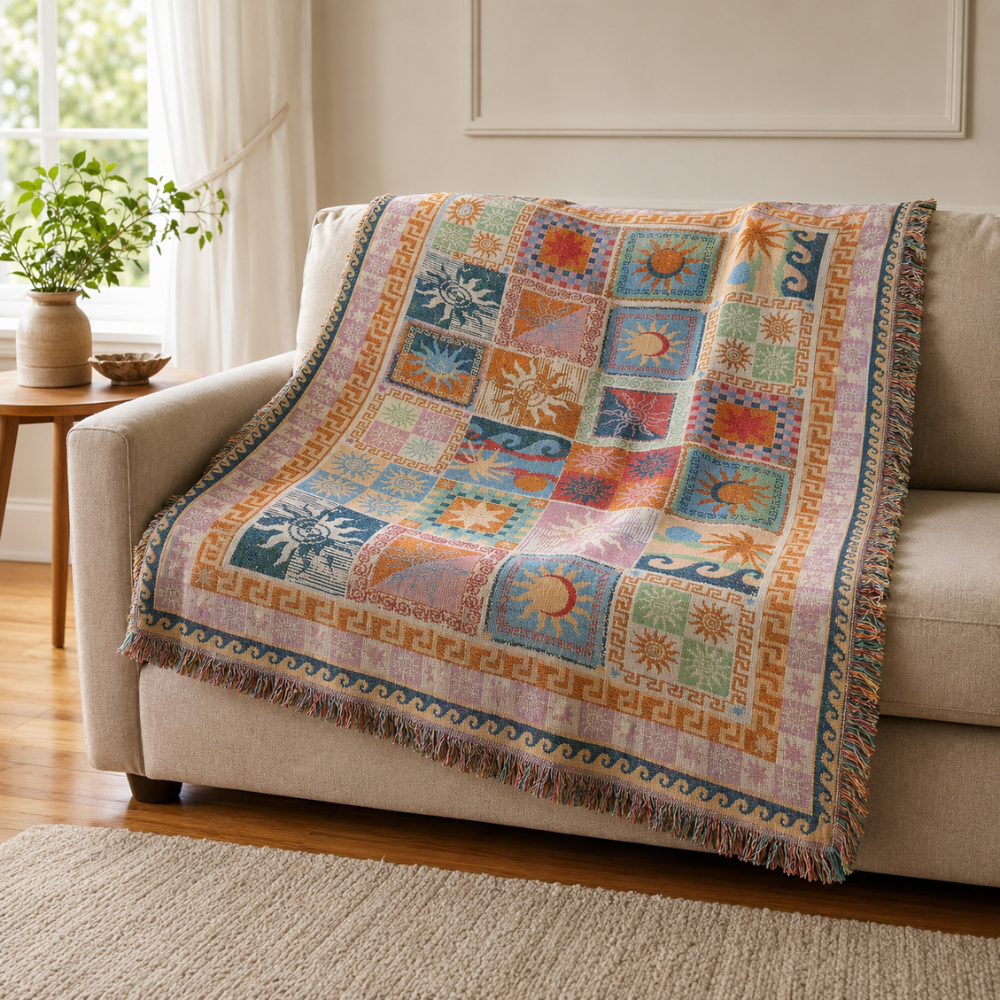 Couverture multicolore à franges utilisée comme plaid sur un canapé