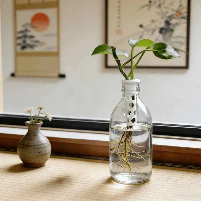 Insert hydroponique Florévo posé sur une bouteille avec plante verte