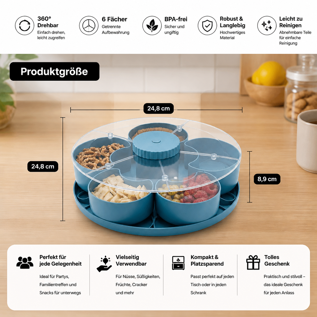 Plateau rotatif à compartiments avec assortiment de biscuits et fruits secs