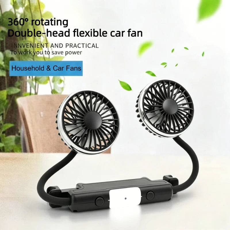 Ventilateur de Coussin de Tête de Voiture | Double Têtes Rotatives, 3 Vitesses | Alimentation USB & Interrupteur Indépendant