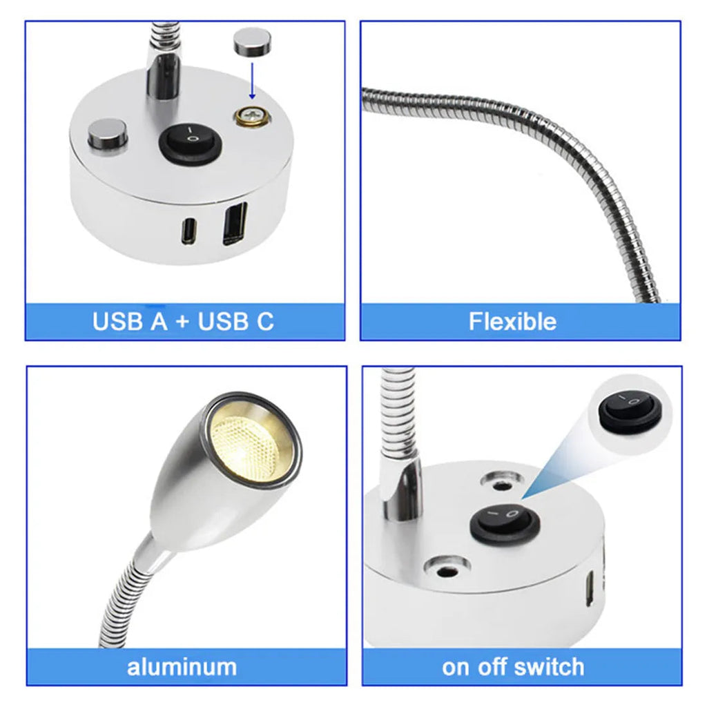 Lampe de lecture pour camping-car | Lampe LED à col de cygne | Construction en aluminium | Charge rapide USB-C 12–24V