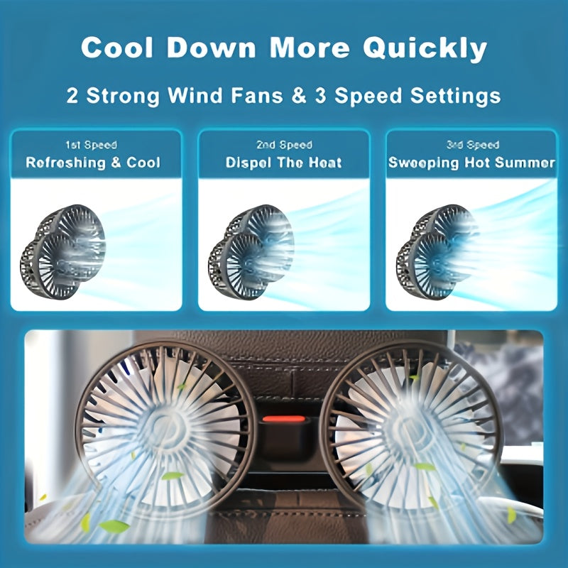 Ventilateur de voiture portable | Têtes doubles rotatives à 360° | Fixation à pince alimentée par USB | Fonctionnement ultra-silencieux
