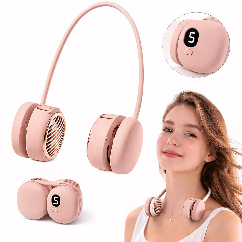Ventilateur de Cou Portable | Double Turbo 5 Vitesses | Bandeau en Silicone Flexible | Rechargeable USB-C