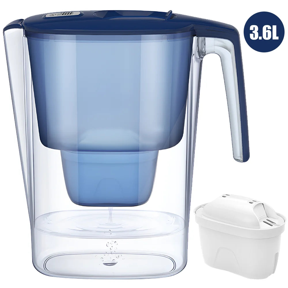 Carafe Filtrante d'Eau Domestique | Filtre à Charbon Actif Alcalin | Capacité 3,6L | Minuteur de Remplacement Intégré