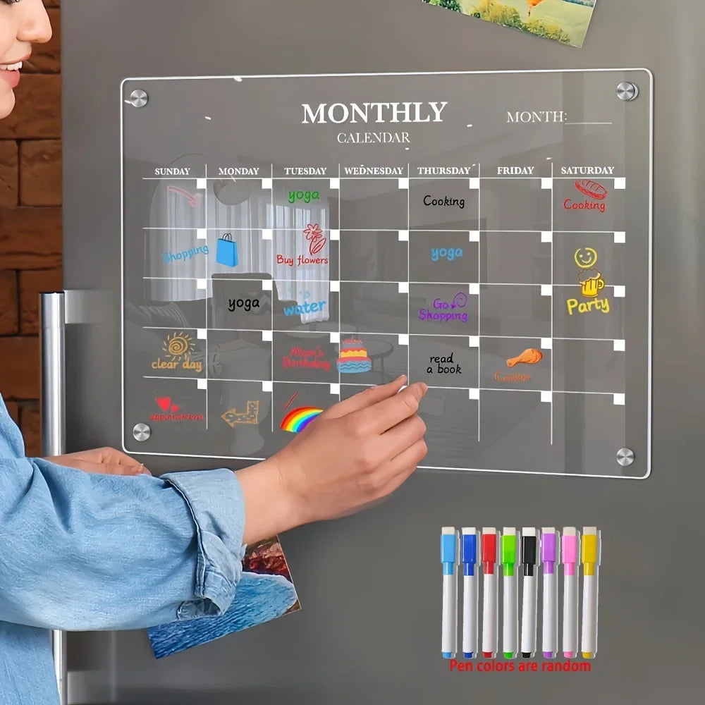 Calendrier effaçable à sec magnétique | Planificateur en acrylique transparent | Fixation sur réfrigérateur & marqueur inclus