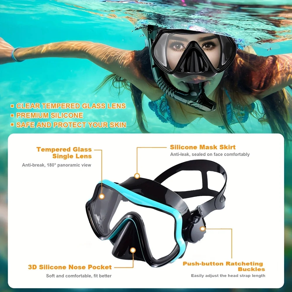 Masque de plongée intégral pour adultes | Vue panoramique | Verre trempé et silicone | Tuba à embout sec