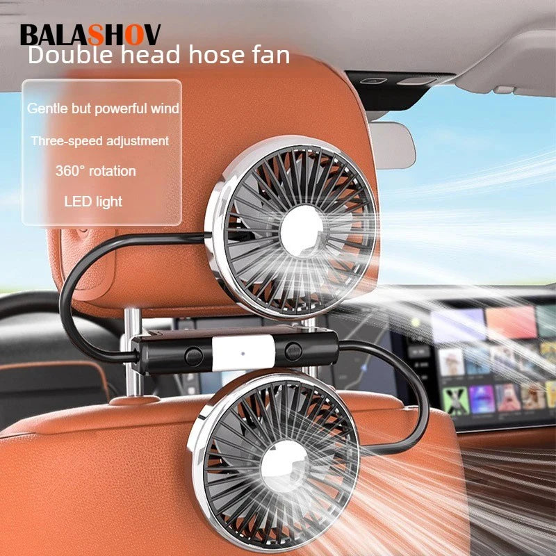 Ventilateur de Coussin de Tête de Voiture | Double Têtes Rotatives, 3 Vitesses | Alimentation USB & Interrupteur Indépendant
