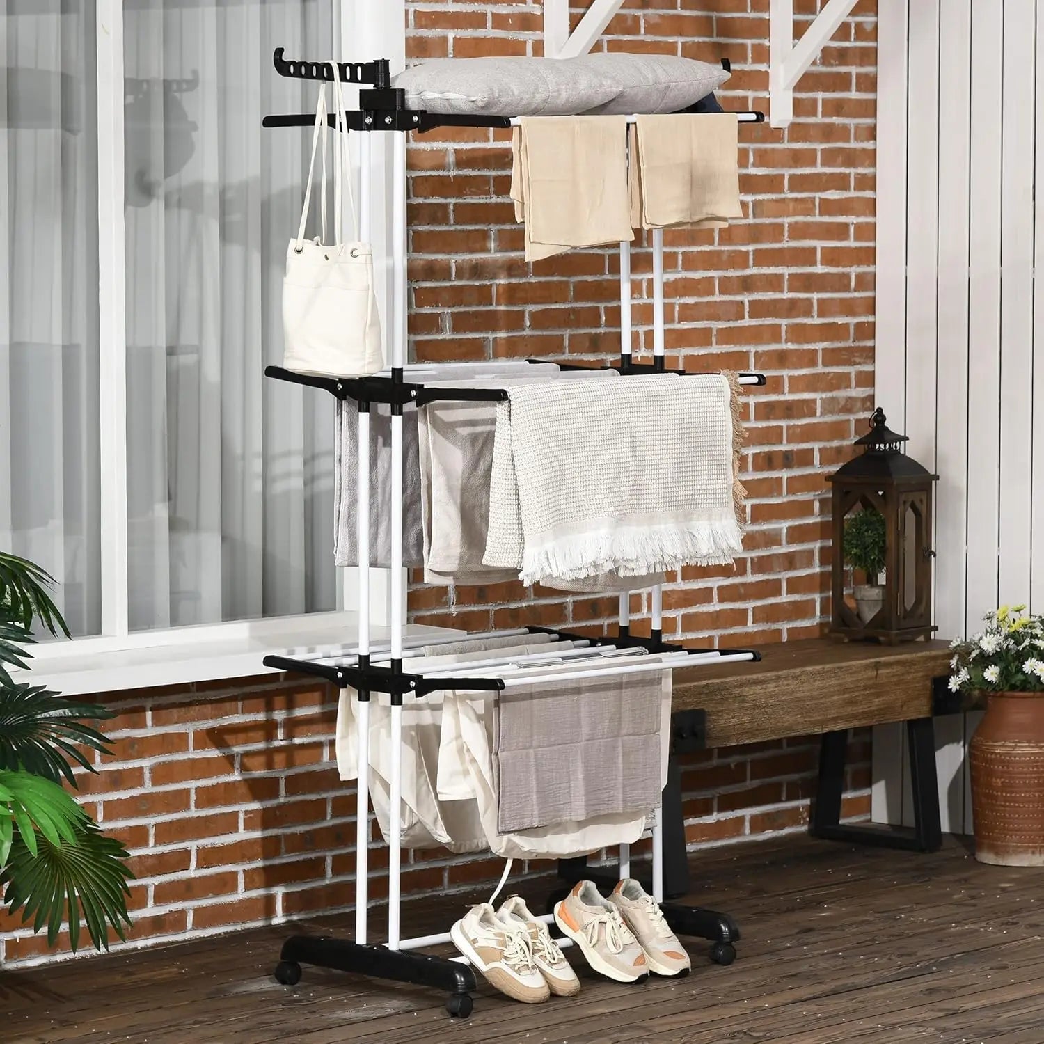 Séchoir à Vêtements | 4 Niveaux Pliables | Acier Thermolaqué, Roues Verrouillables | Usage Intérieur/Extérieur