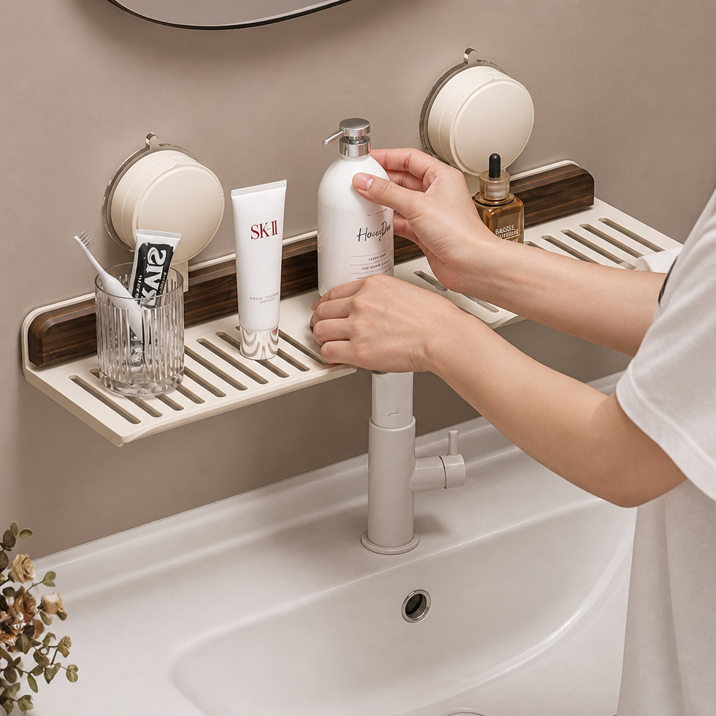 Étagère de salle de bain Velcora installée sur carrelage lisse