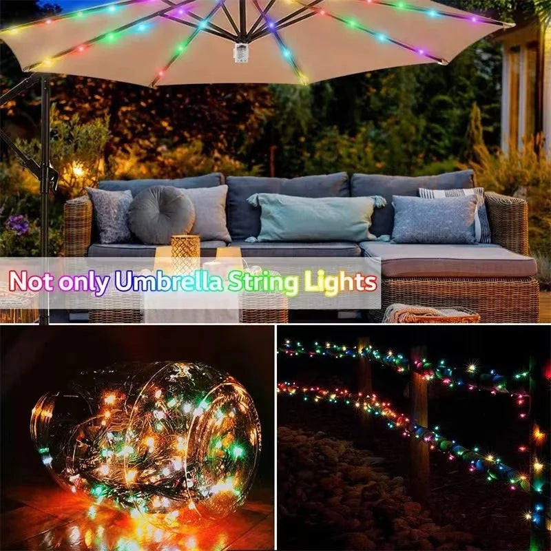 Guirlande lumineuse pour parasol extérieur | 104 LED blanc chaud | Télécommande & alimentée par batterie | Étanche