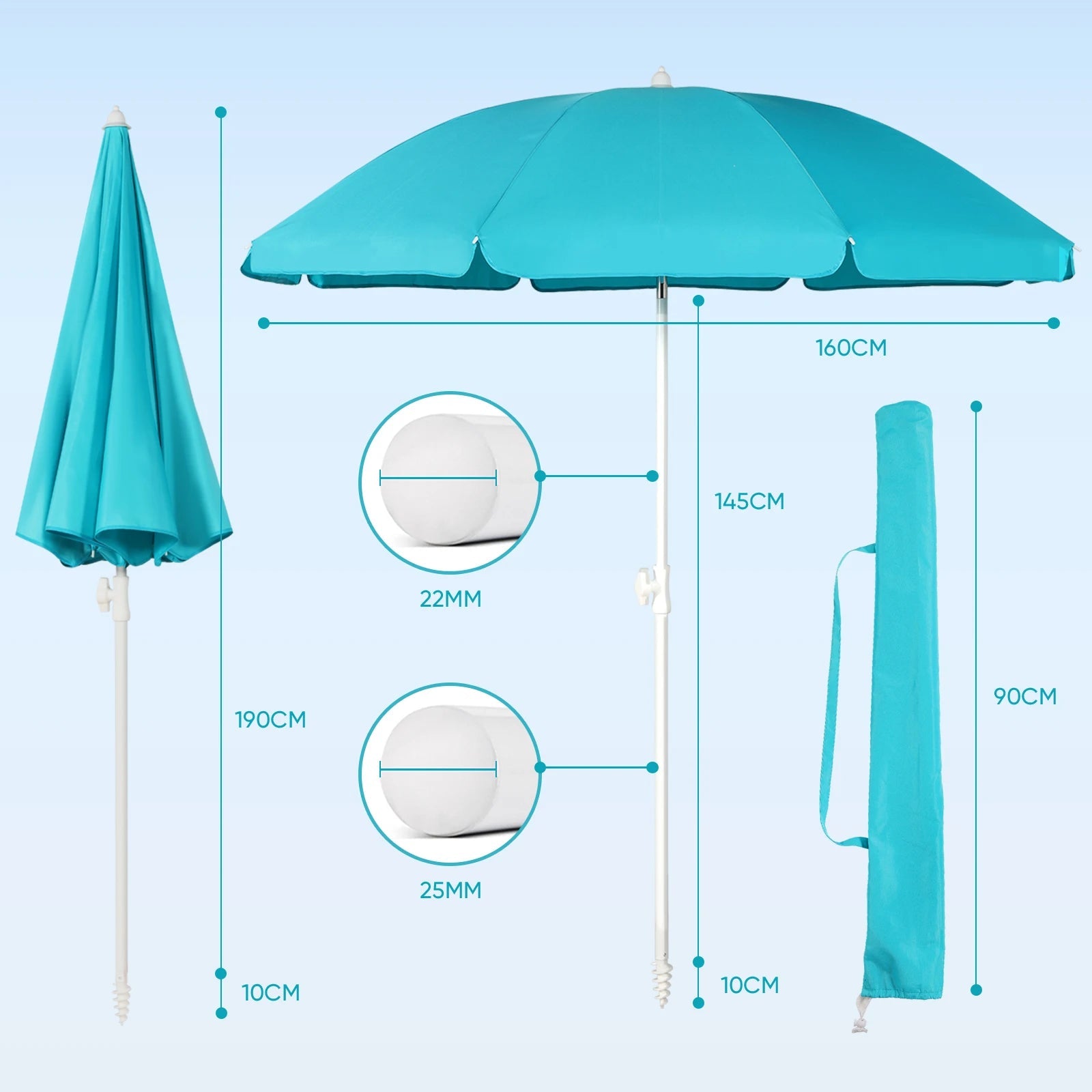 Parasol de Terrasse & Plage | Canopée 160 cm | Polyester Imperméable, Armature en Acier & Protection UV
