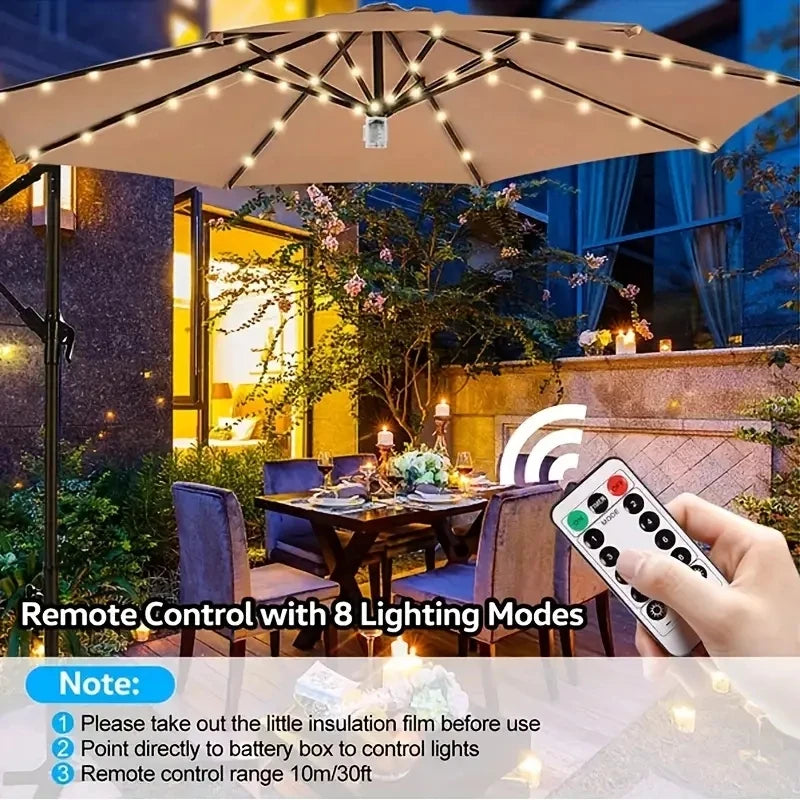 Guirlande lumineuse pour parasol extérieur | 104 LED blanc chaud | Télécommande & alimentée par batterie | Étanche