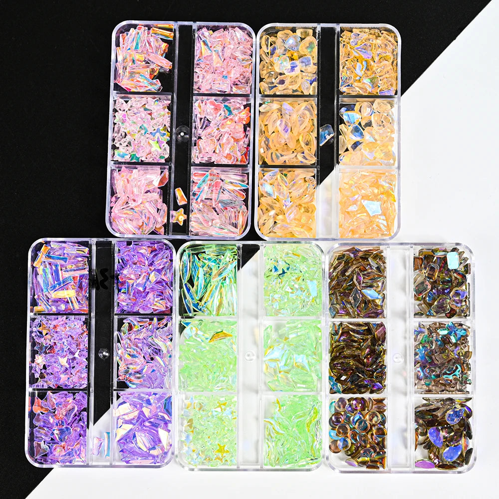 Set de strass pour nail art | Formes mixtes Aurora rose | Dos plat en verre 400 pcs | Manucure DIY