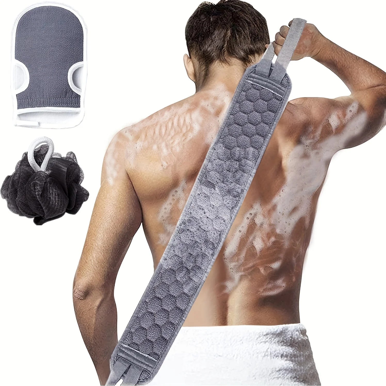 Ensemble Gommant pour le Corps | Nettoyage en Profondeur | Brosse pour le Dos, Gant de Bain et Luffa | Matériaux Naturels