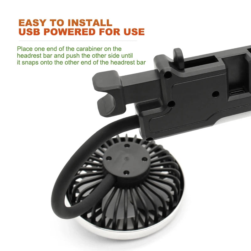 Ventilateur de Coussin de Tête de Voiture | Double Têtes Rotatives, 3 Vitesses | Alimentation USB & Interrupteur Indépendant