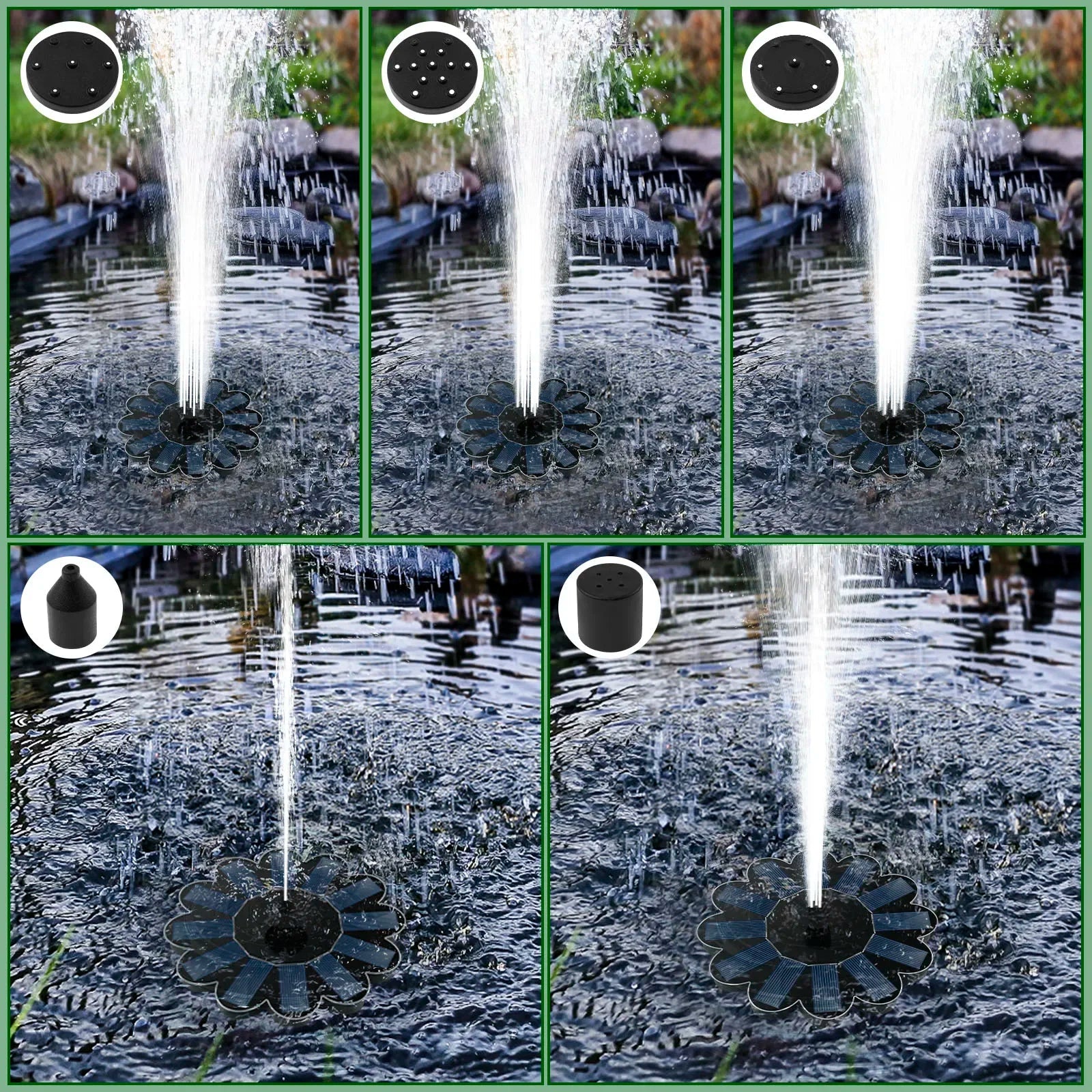 Fontaine solaire | 5 buses | Hauteur de jet variable | Pour bassin et bain d'oiseaux