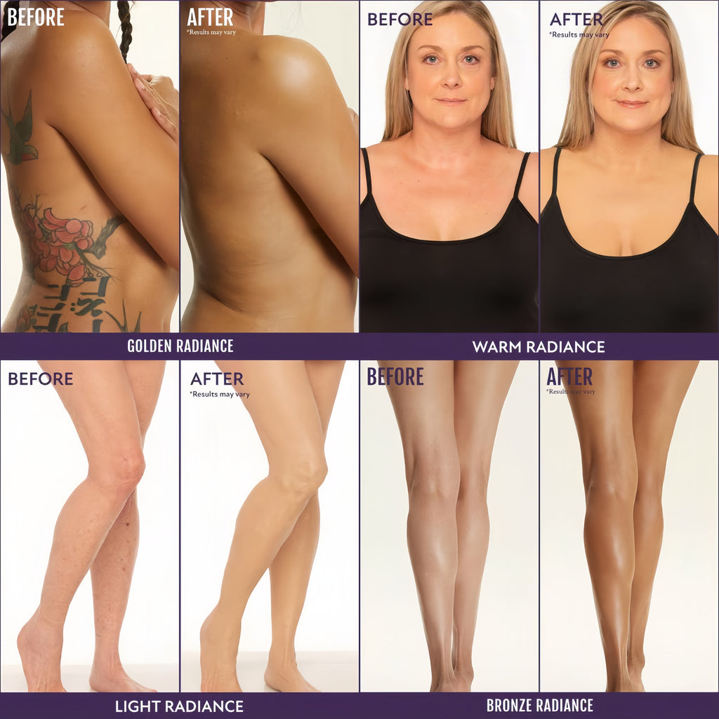 Avant/après sur les jambes montrant un teint du corps plus uniforme avec Veloura
