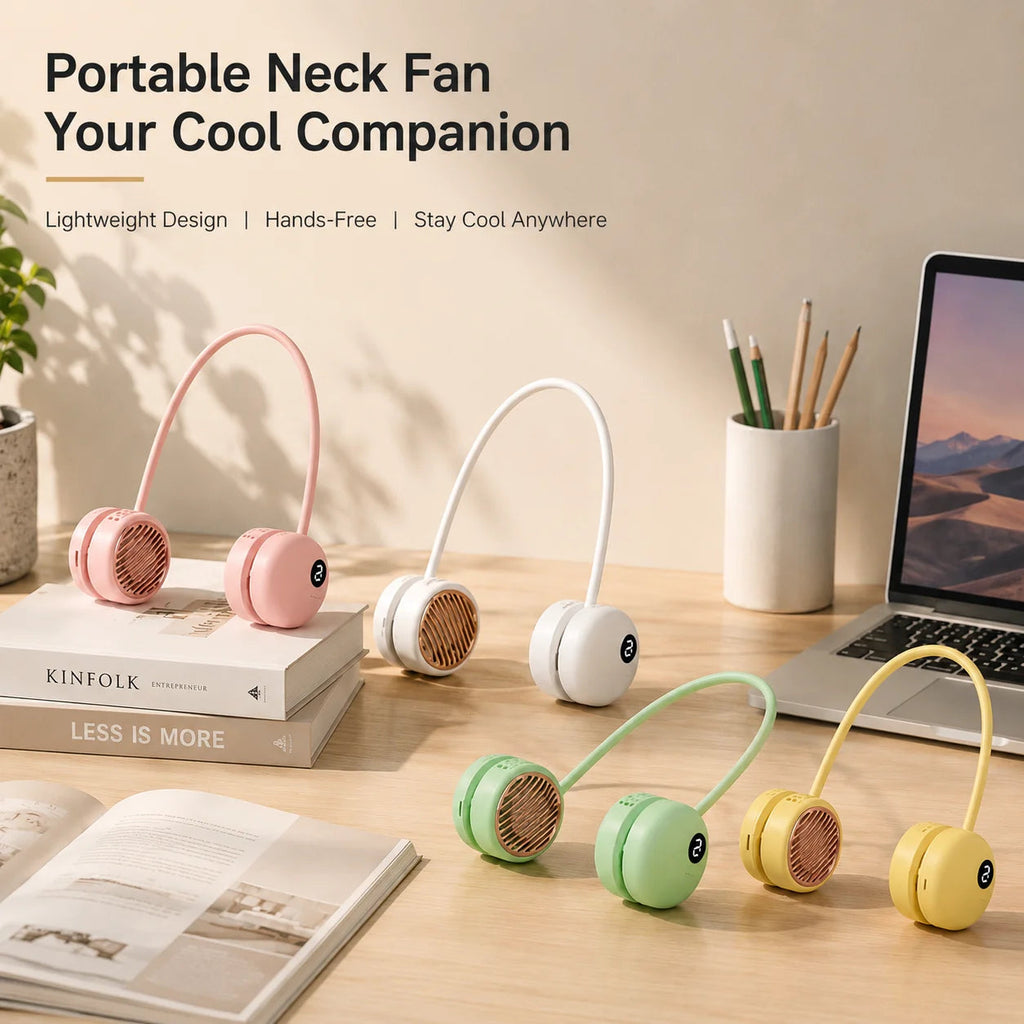 Ventilateur de Cou Portable | Double Turbo 5 Vitesses | Bandeau en Silicone Flexible | Rechargeable USB-C