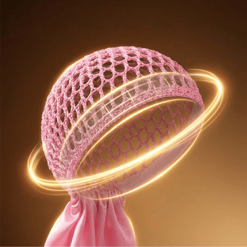 Femme au réveil avec des cheveux lisses après une nuit avec bonnet