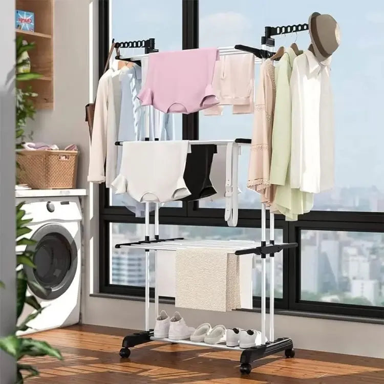 Séchoir à Vêtements | 4 Niveaux Pliables | Acier Thermolaqué, Roues Verrouillables | Usage Intérieur/Extérieur