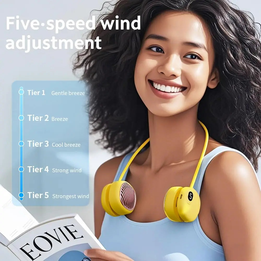 Ventilateur de Cou Portable | Double Turbo 5 Vitesses | Bandeau en Silicone Flexible | Rechargeable USB-C