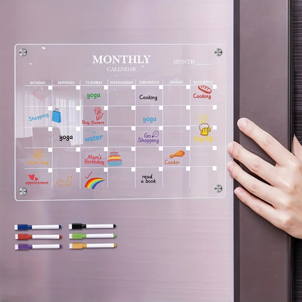 Calendrier effaçable à sec magnétique | Planificateur en acrylique transparent | Fixation sur réfrigérateur & marqueur inclus