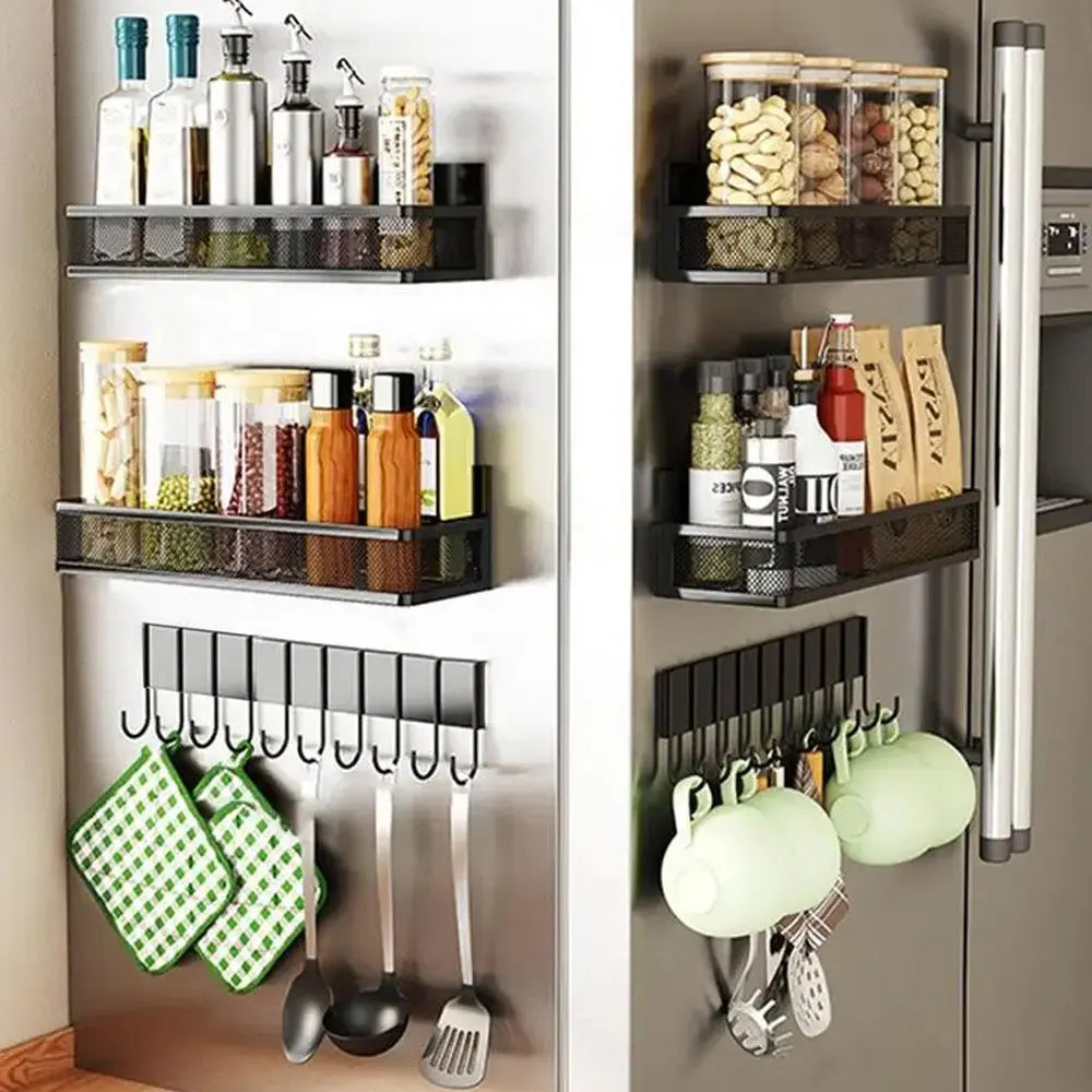 Organisateur Magnétique pour Réfrigérateur | Ensemble de 3 Pièces avec Étagères et Crochets | Rangement Cuisine Gain de Place