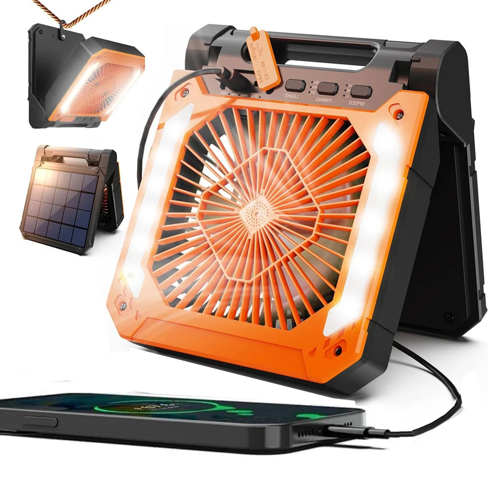 Ventilateur de camping sans fil | Lanterne LED rechargeable solaire et USB | Autonomie jusqu'à 58h