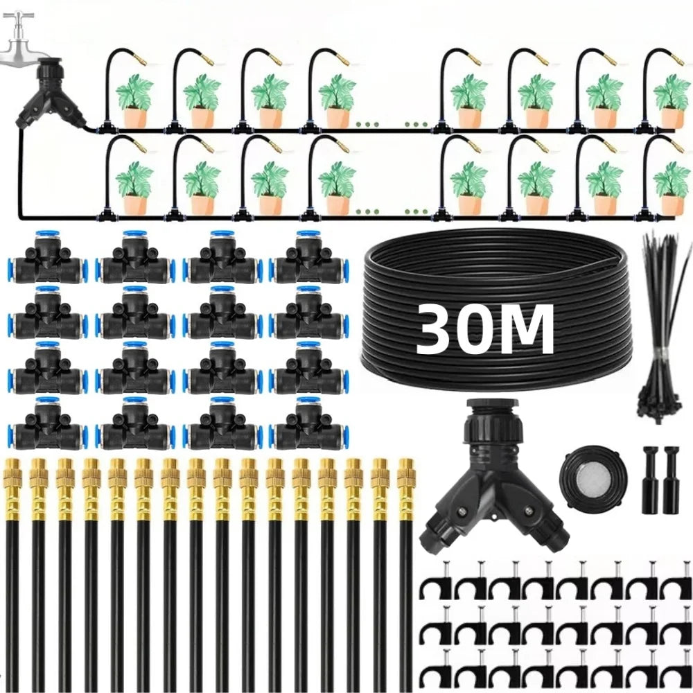 Kit d'irrigation de jardin | Buses en laiton réglables | Tuyau de 30 m & raccords rapides | Économie d'eau