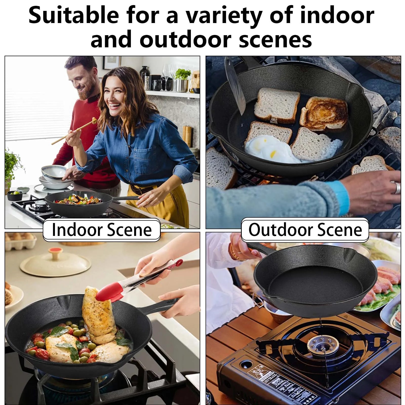 Ensemble de poêles en fonte | Non enduit et à haute rétention de chaleur | Ensemble de 4 pièces | Compatible gril, cuisinière et four