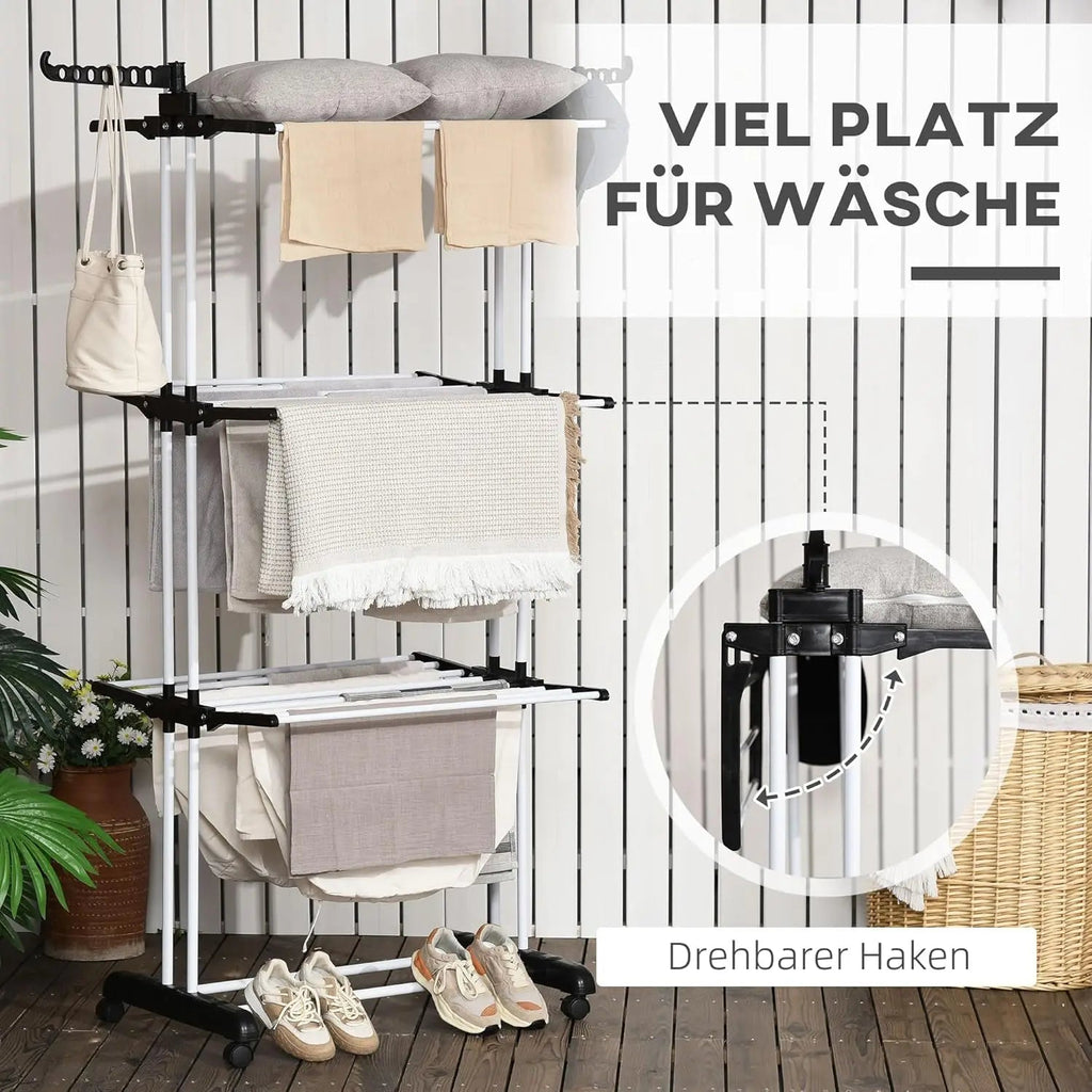 Séchoir à Vêtements | 4 Niveaux Pliables | Acier Thermolaqué, Roues Verrouillables | Usage Intérieur/Extérieur